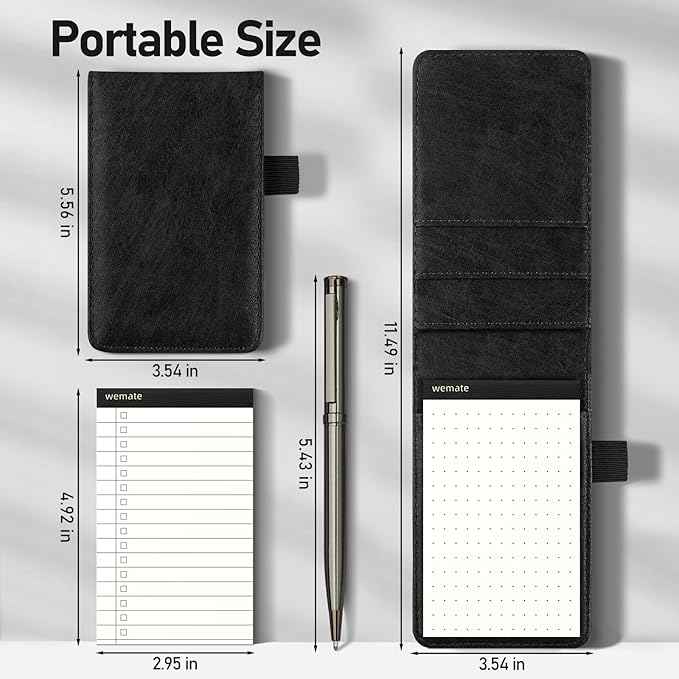 WEMATE 10 Pieces Small Notepad Holder Set Pocket Notebook - Included Mini Pocket Notepad Holder Set with 8 Memo Book Refills and Metal Pen for Meetings, Daily Records, and Notes 3 x 5 Inch (Black)