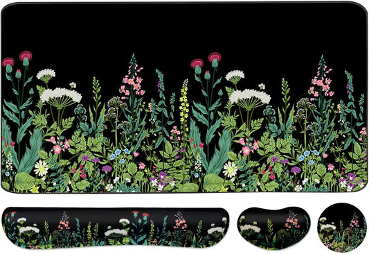 Keyboard Mouse Pad Set, Extended Mouse Pad+Keyboard Wrist Rest Support, Memory Foam Ergonomic Easy Typing, 3Pcs (35.4×15.7 in) Desk Pad Set for Home Office Study Game - Weeds