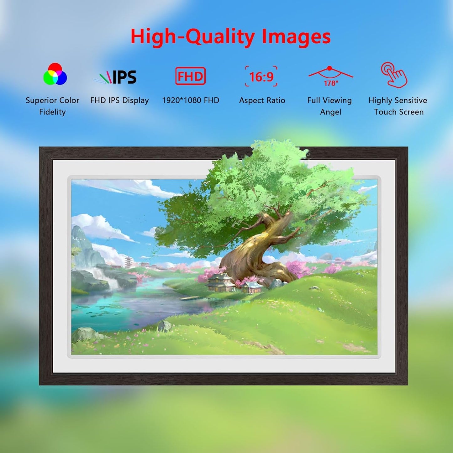 Touch Screen FRAMEO Digital Picture Frame 32GB Storage WiFi Smart 21.5 inch Photo Frame, FHD IPS Auto-Rotate, Attach Wall mounting Bracket Share Photos or Videos Instantly via Frameo APP