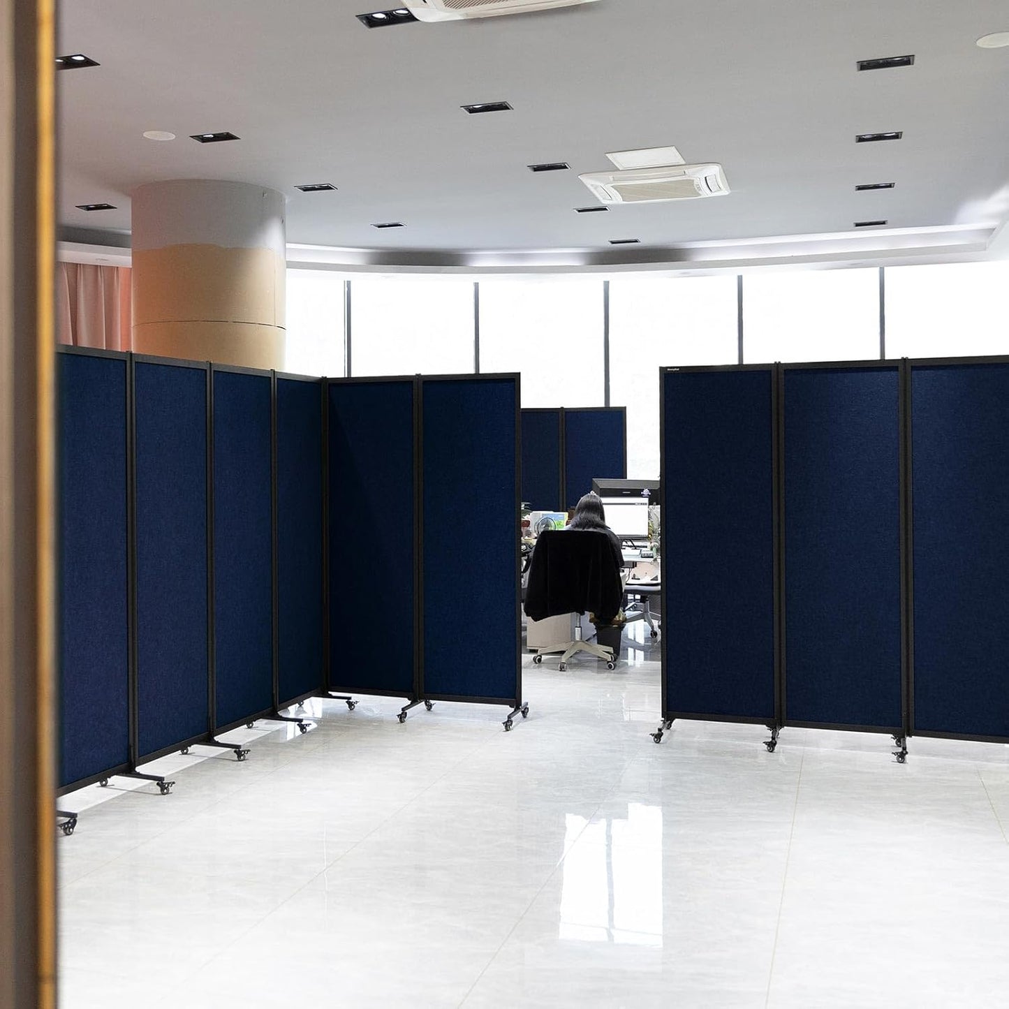 Upgrade Version Room Partition and Divider, Freestanding Rolling Dividers with Wheels,Office Privacy Screen Divider Wall,Classroom Felt Dividers,8'2"L* 6'7"H,4 Panel，Blue