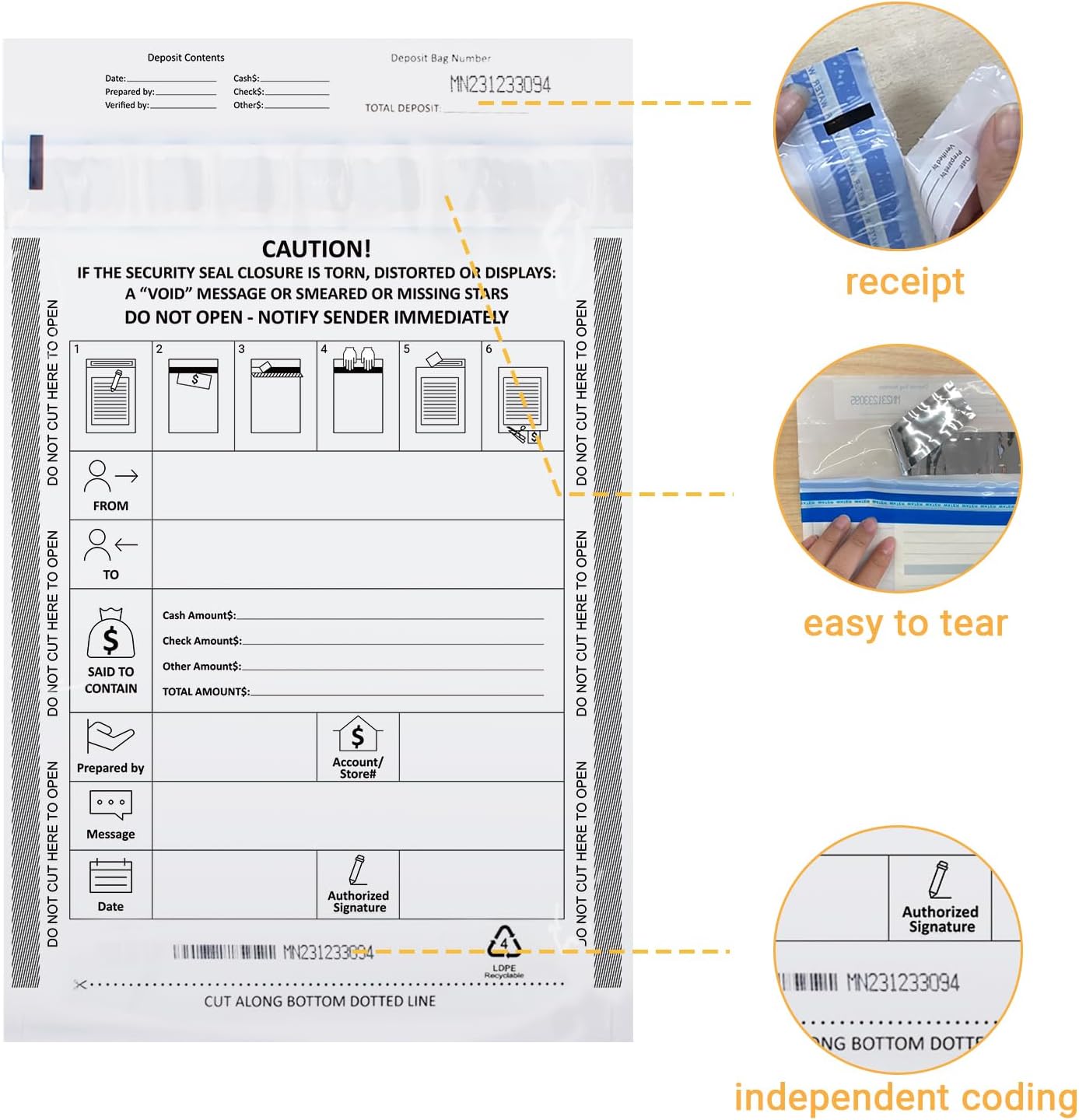 100 Pack 9" x 12" Tamper-Evident Deposit Bags with Security Tape Tamper Evident Security Pocket Bank Deposits Bags