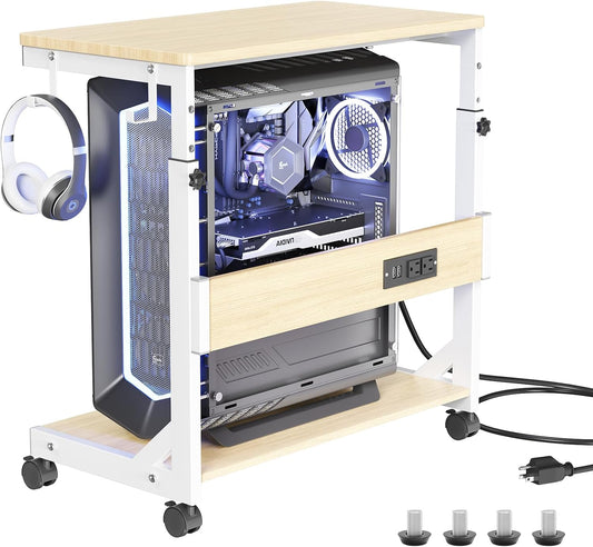 Height Adjustable Computer Tower Stand with Charge Station and USB Charging Port, 2-Tier ATX-Case Cart, Under Desk Mobile PC Stand, CPU Holder Cart with Locking Caster Wheels for Fits Most PC