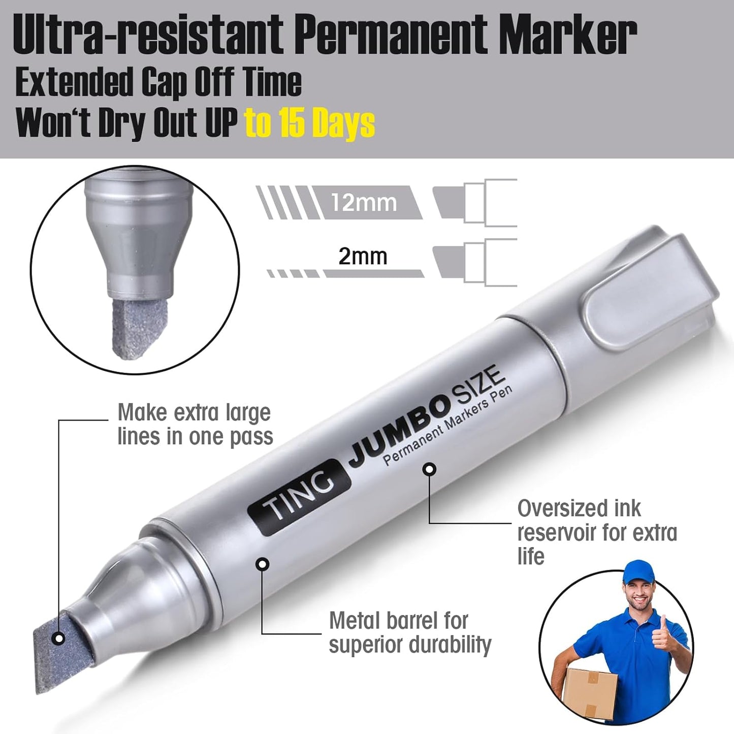 Fuutreo 10 Pack Jumbo Permanent Markers Bulk Large Chisel Tip Permanent Markers Quick Drying Waterproof Big Huge Poster Pens for Office, Logistics Company and More(Silver)