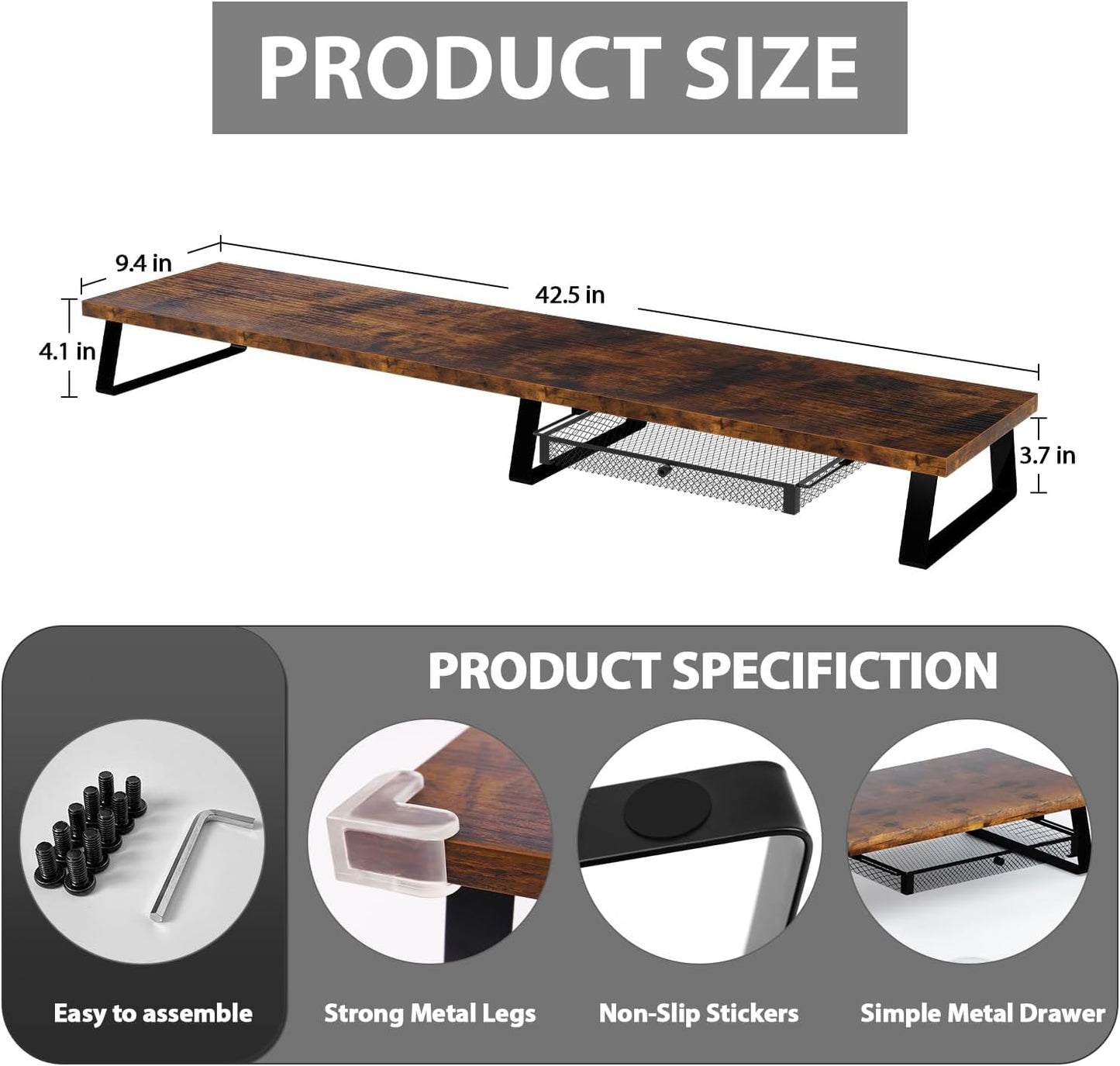 Aothia Dual Monitor Stand Riser - Metal Leg Monitor Stand with Drawer, Desk Shelf for PC, Laptop & Screen (Vintage)