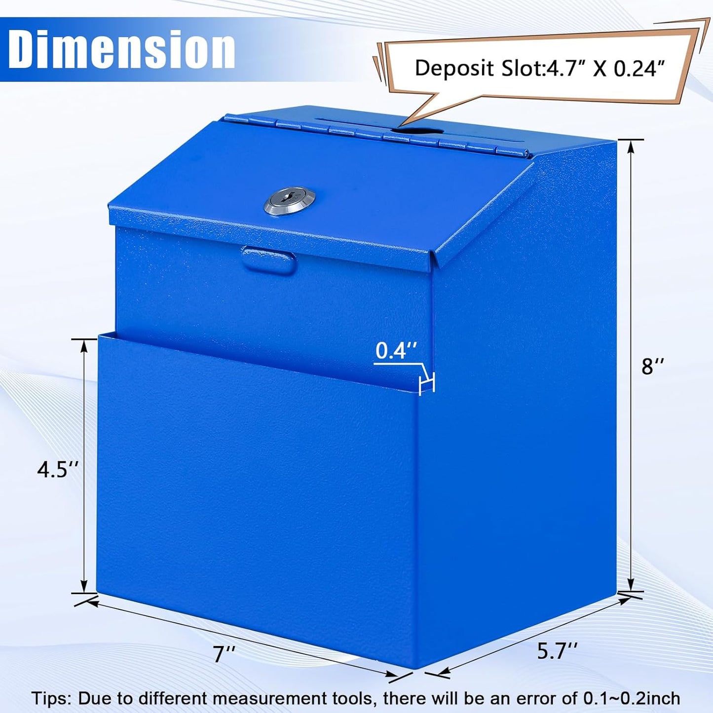 KYODOLED Suggestion Box with Lock, Metal Wall Mounted Donation and Ballot Drop Box with Slot & 2 Keys, 50 Free Suggestion Cards, 8H x 5.7W x 7L Inch, Blue