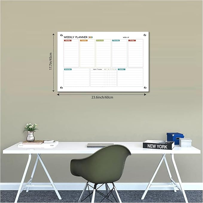 Glass Colorful Weekly Dry Erase Board for Wall,Weekly Planner Whiteboard for Wall 24"x18",Frameless Mounting,Medium Weekly Wall Calendar Dry Erase for Office/School/Home