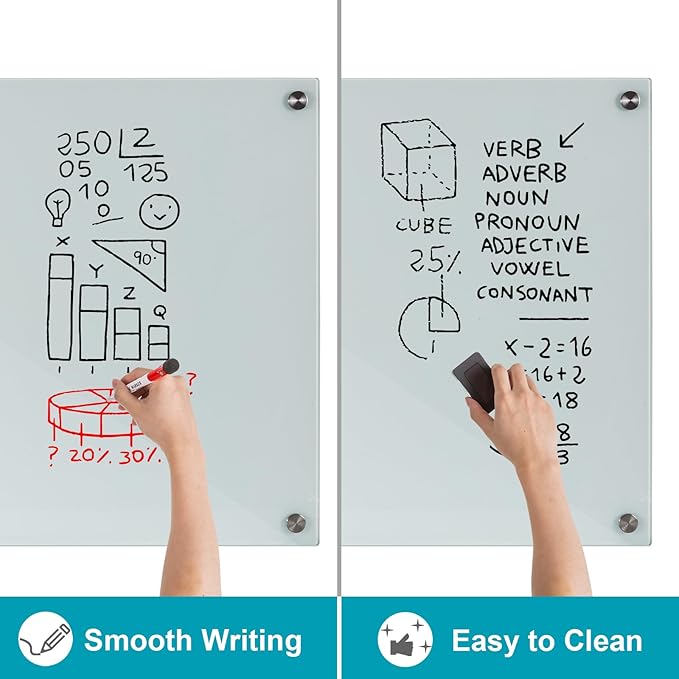 Glass Dry Erase Board, 36 x 24 Inches Magnetic Glass Whiteboard for Wall, 3' x 2' Frameless Board for Office, Home, School