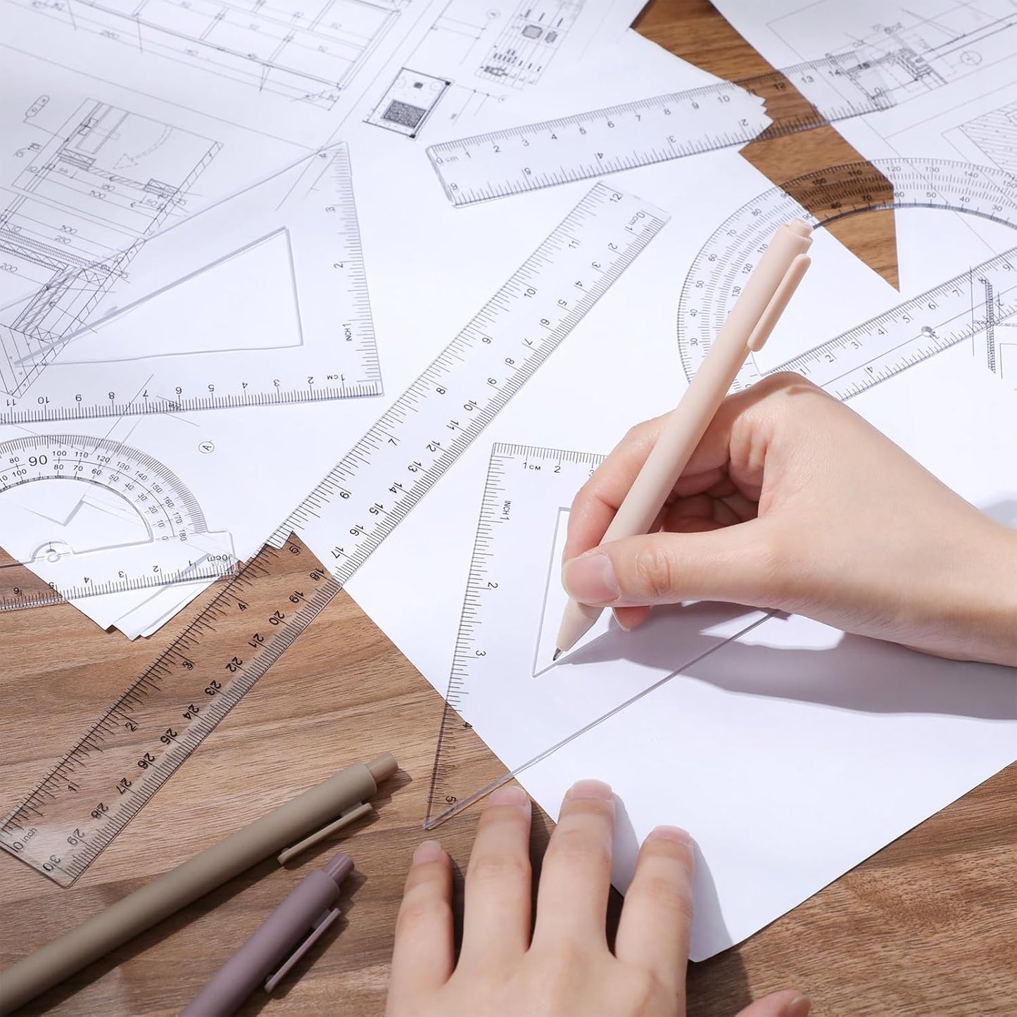 Tenare 6 Pcs Plastic Ruler Math Set Includes 12 Inch 6 Inch Straight Protractor Triangle Geometry Transparent Math Ruler Measuring Tools for School Office Home(Clear)