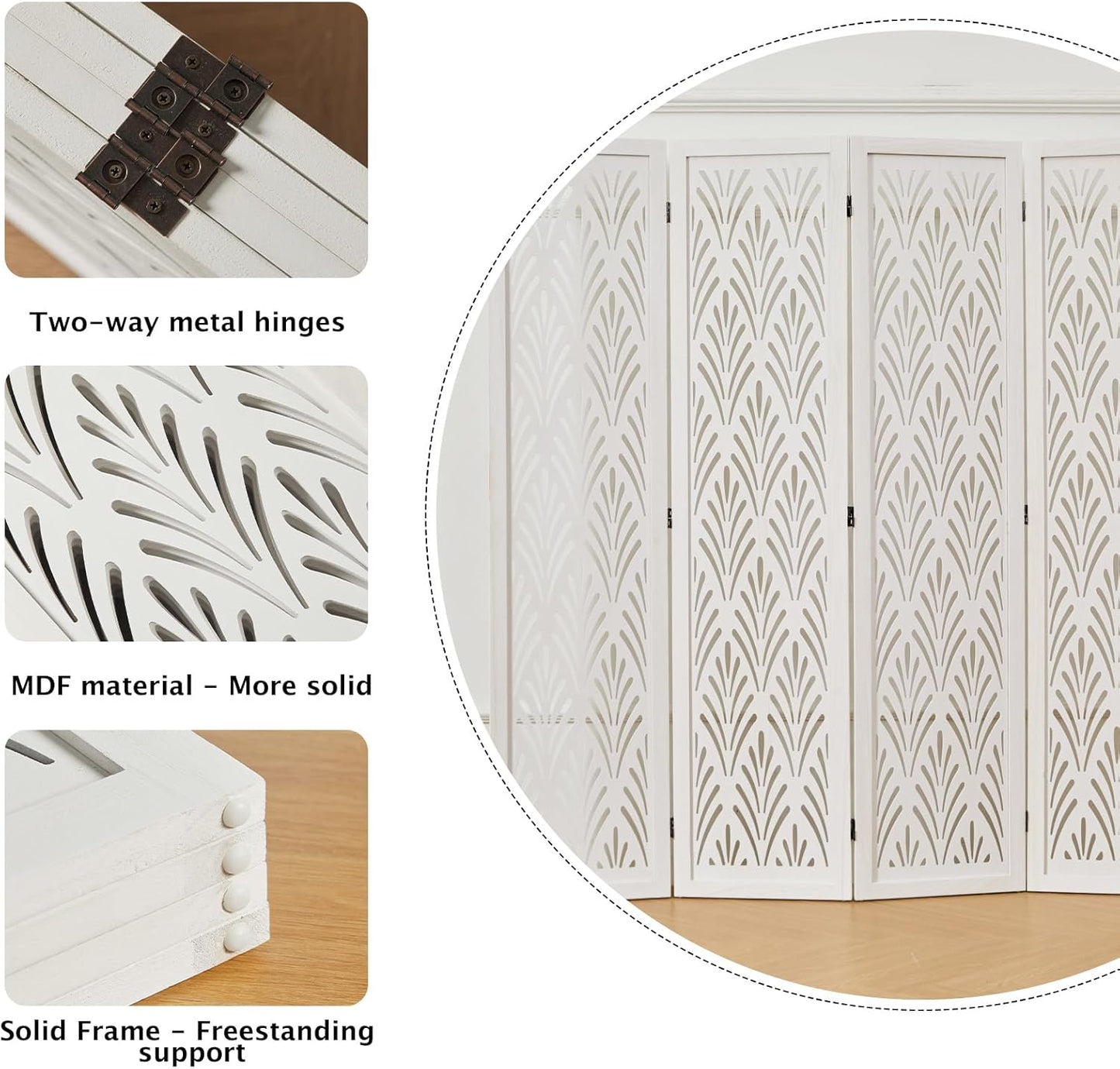 5.6Ft Room Divider Folding Wood Simple Carved Partition Screen for Home Office Garden - 4 Panels (White)