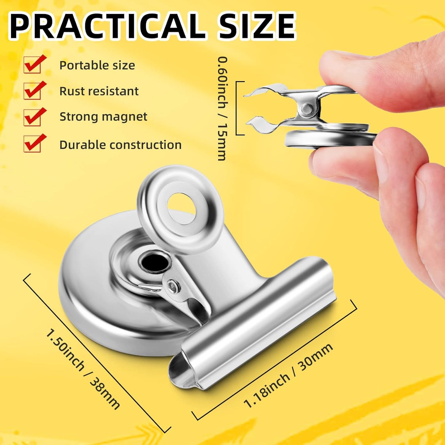 Magnetic Clips 50 Pack Office Products, Stainless Steel Clips Peferct for House Office School Use, Hanging Home Decoration, Photo Displays, 1.2 Inch, (Silver)