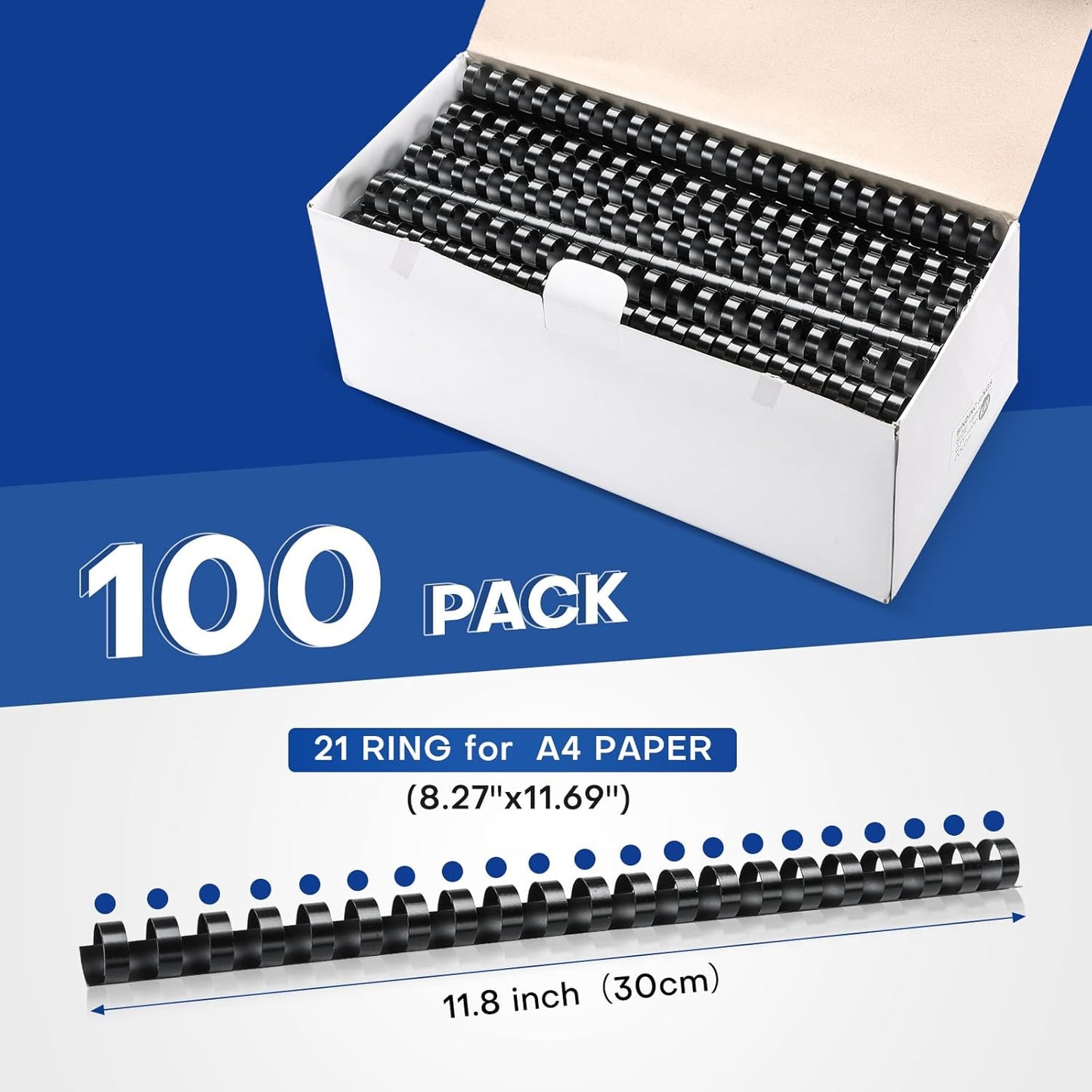 MYFULLY 100 Pack 21 Ring Plastic Comb Binding Spines | 1/2 Inch Diameter, 65 Sheet Capacity, A4, Black Binding Comb (1/2" (65 Sheet Capacity))