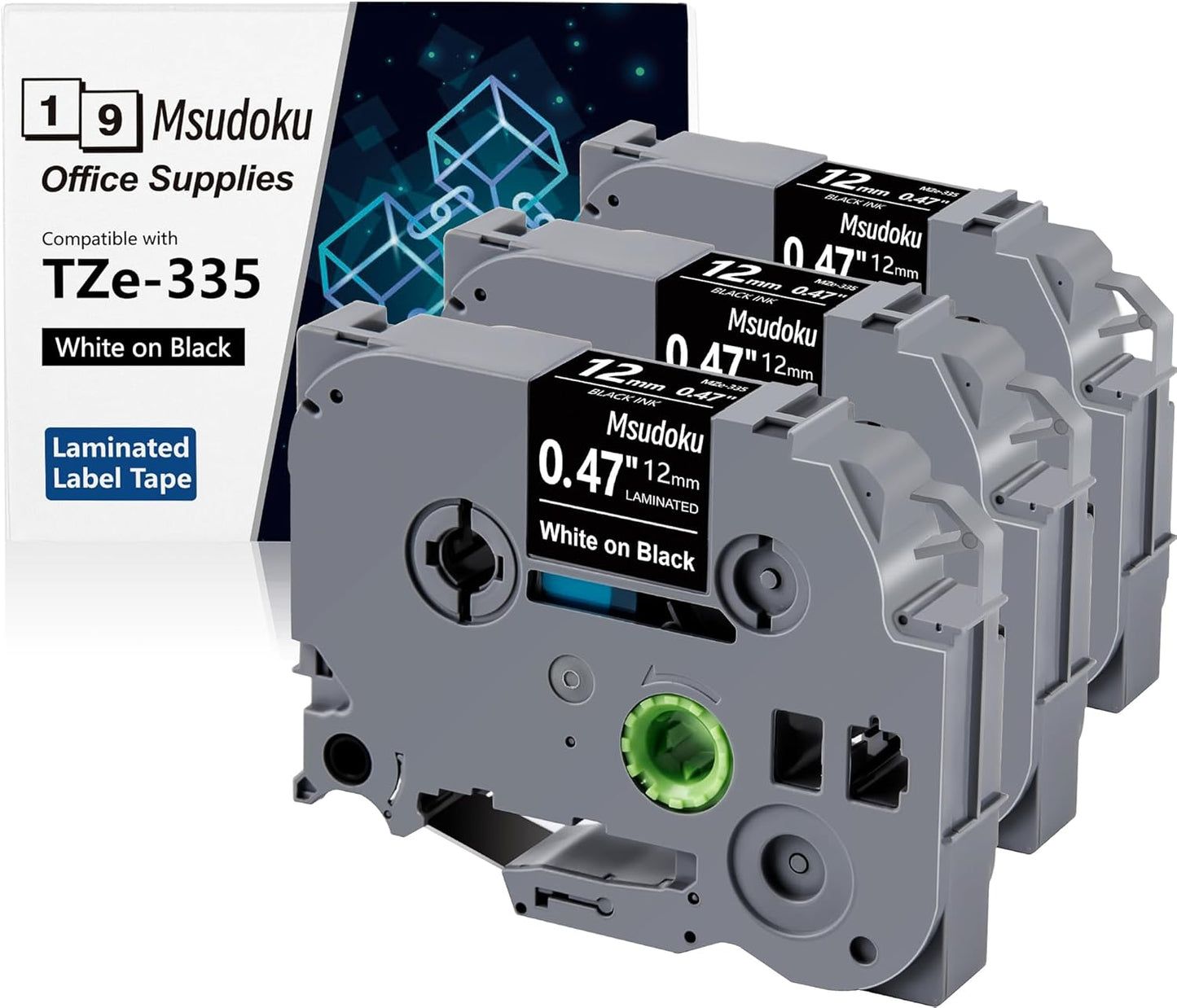 Tze Tz Tape 12mm 0.47 Laminated Black Compatible for Brother P Touch Label Maker Tape TZe-335 TZe335 Label Tape for PT D200 D210 D220 D400 Cube, White on Black, 1/2 Inch x 26.2 Feet, 3-Pack