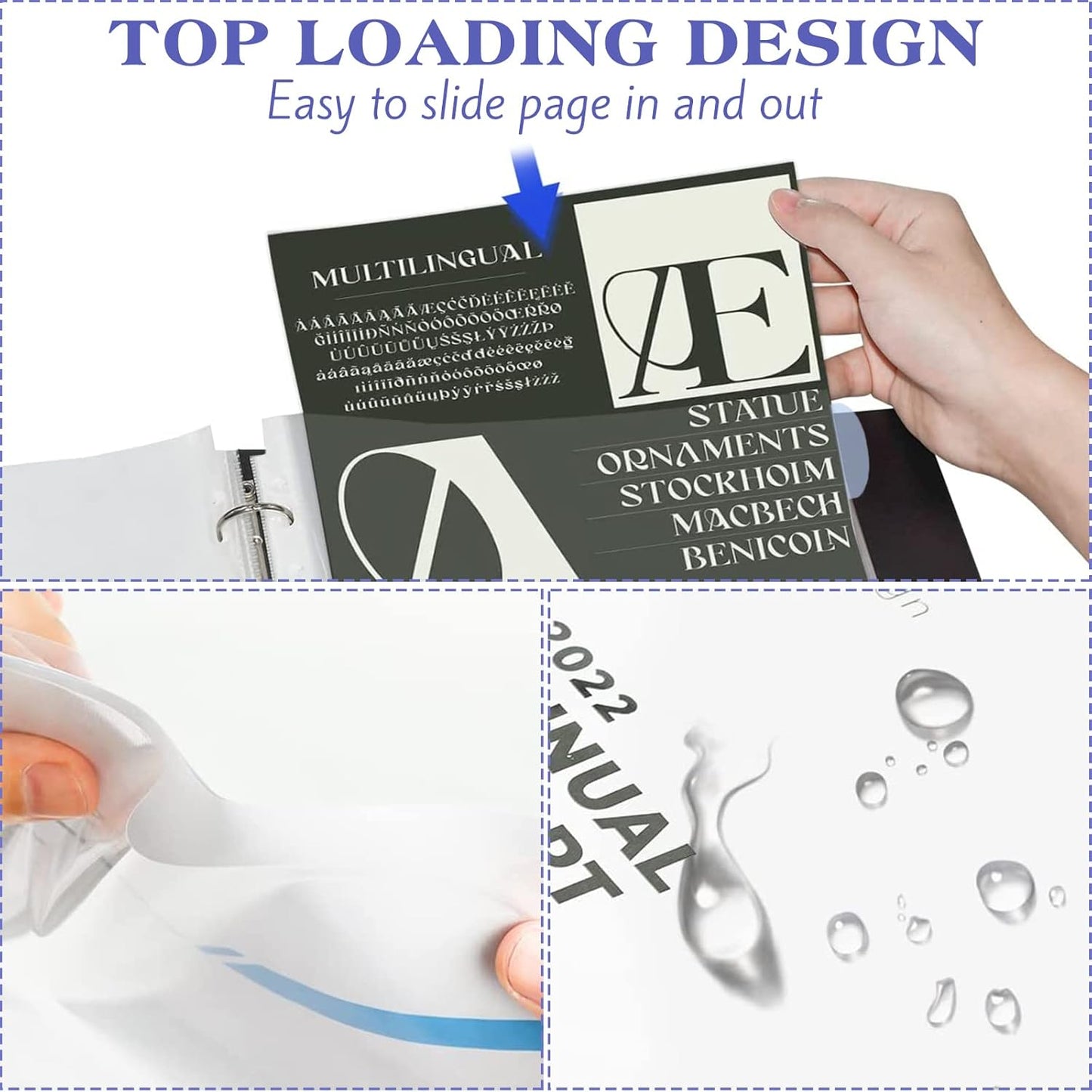 5 Set of 40 Pack A4 Plastic Sleeves Binder Index Dividers Pocket Dividers for 2/3/4 Ring Binder with 8 Tabs，Clear Plastic Sheet Protectors Paper Organizer for School Home Office