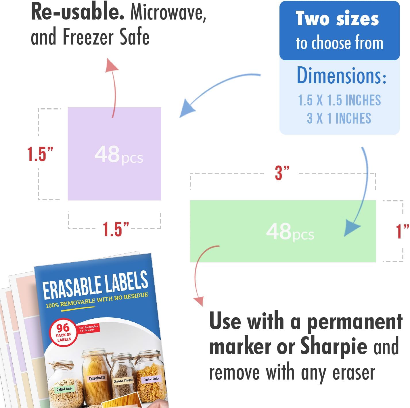 MESS Reusable Food Container Labels – Erasable, Removable Dry Erase Labels for Kitchen, Freezer, and Fridge Organization (1x3 & 1.5", Pastel)