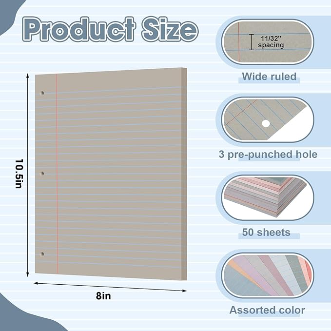 PerKoop 12 Pack 600 Sheets Colored Lined Paper Bulk Wide Ruled 8 x 10.5 Inches, Pastel Loose Leaf Notebook Paper 3 Hole Punched Filler for Back School Classroom Supplies(Retro Color)