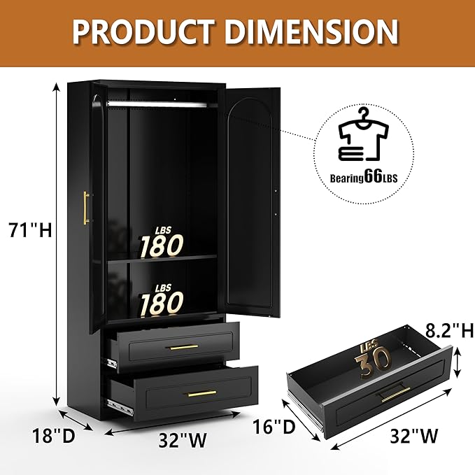 Metal Armoire Wardrobe Closet with Two Drawers, 71" Tall Large Wardrobe Cabinet with Hanging Rod, Clothing Storage Cabinet with Doors and Shelves for Bedroom, Black, Assemble Required