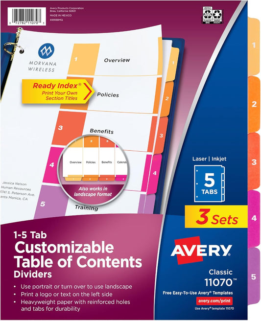 Avery Dividers for 3 Ring Binders, 5 Tabs per Set, Customizable Table of Contents, Multicolor Tabs, Great for Organizing Reports, Projects, and More (3 Sets of 11070)