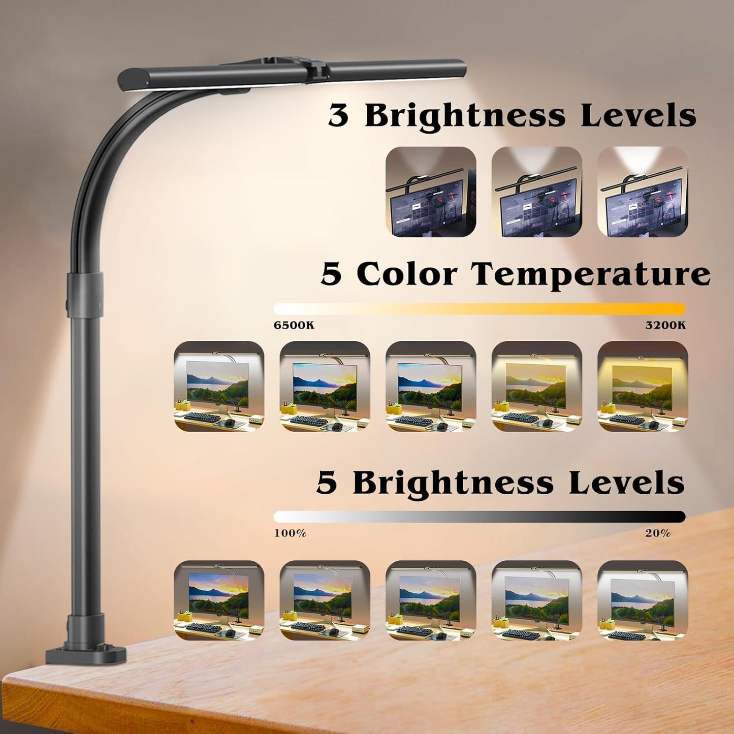 Led Desk Lamp for Home Office,24W Bright Eye-Caring Desk Light with Clamp,5 brightness and 5 temperatures Dimmable Workbench Task Light, Adjustable Gooseneck Table Lamp for Monitor Study(black)