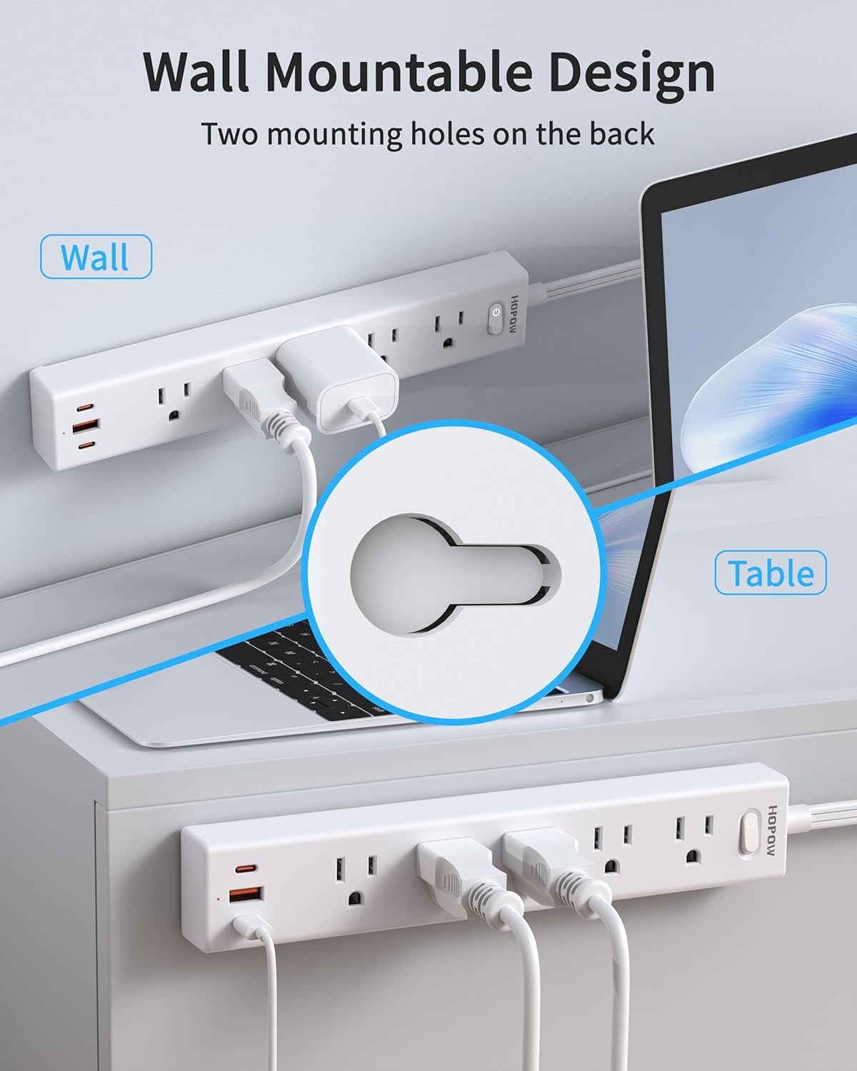 Flat Plug Power Strip, 6 Ft Ultra Thin Flat Extension Cord, Surge Protector with 5 Outlets & 3 USB Ports (2 USB C), 1700 Joules, Wall Mount, Desktop Charging Station for Home Office Dorm, White