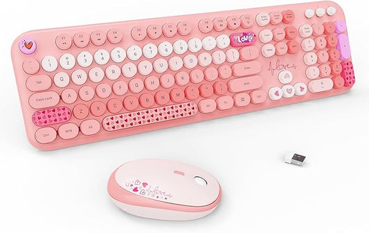 Wireless Keyboard and Mouse Combo, 104 Round Keys Full-Size Cute Colorful Pink Cordless Keyboard and Mouse with Retro Typewriter for PC/Mac/Laptop/Tablet/Computer/Windows Pink
