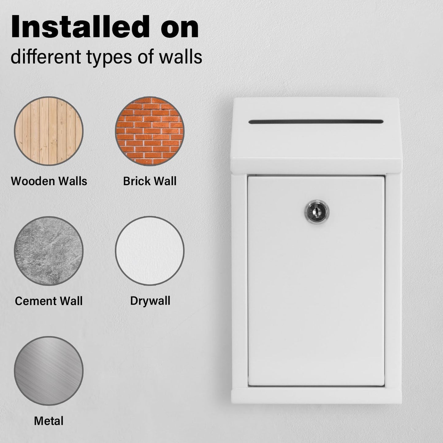 Metal Donation Box with Lock, Wall Mounted, Suggestion Box with 4 Iron Keys, White, Cash Drop Box with Slot, 1-Pack