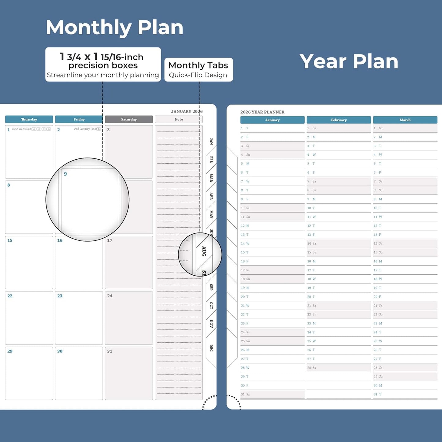 Weekly Monthly 2026 Planner (Jan.26-Dec.26),11.5"x8.5",12 Months Agenda Plan with Month Tabs & Pocket,Expenses/Note Pages, Appointment Book Calendar with Hardcover Vegan Leather Cover,Blue