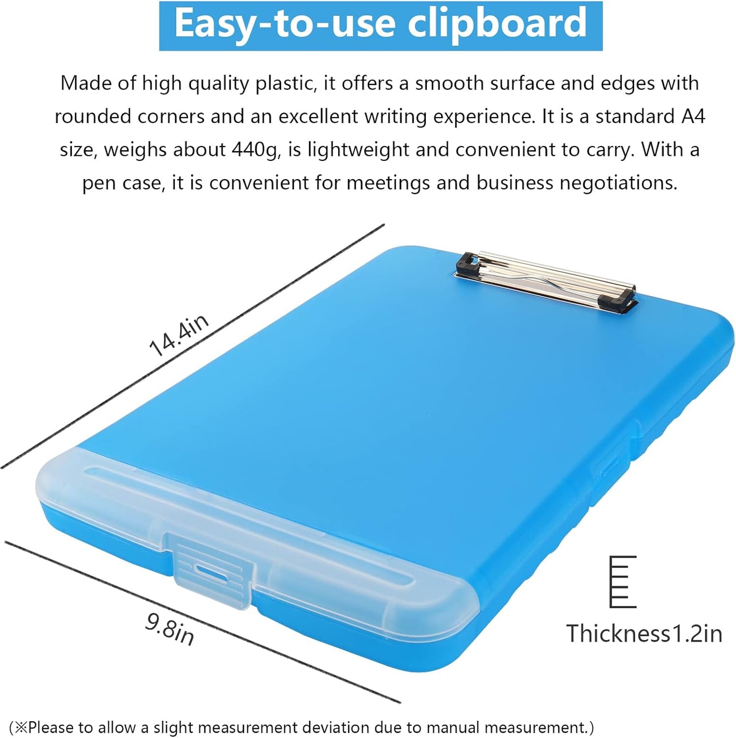 Clipboard with Storage, A4 Binder Nursing Clipboards with Pen Holder, Heavy Duty Storage Clipboard with Low Profile Clip, Clipboards Folder Side-Opening, Smooth Writing Clip Board (Transparent Blue)