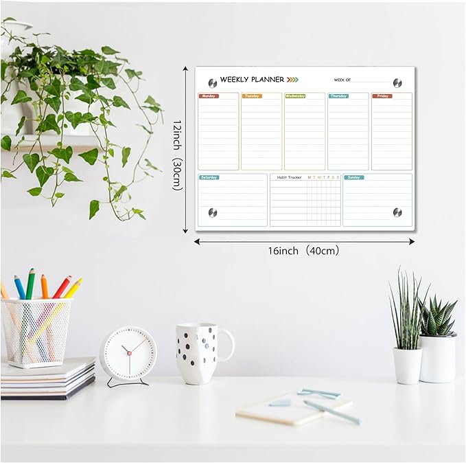 Glass Weekly Dry Erase Board for Wall 16"X 12",Colorful Weekly Calendar Whiteboard,to Do List Weekly Planner Whiteboard,Frameless Mounting,for Memo, School, Home, Office, Kitchen UV3040