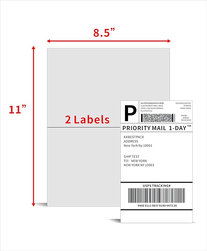 KKBESTPACK Half Sheet Shipping Labels for Laser and Inkjet Printers – 2 Per Page Self Adhesive Mailing Labels – White 8.5 x 5.5 (200 Labels) (2LP)