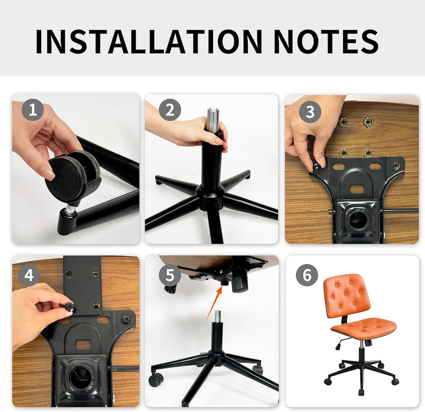 Small Armless Desk Chair – PU Leather Mid-Back Ergonomic Office Chair with Adjustable Height, Swivel Wheels, Walnut Frame, Ideal for Small Office, Study, or Bedroom, Orange