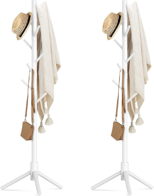 Haddockway Wooden Coat Rack Stand with 8 Hooks New Zealand Pine 3 Adjustable Coat Standing Tree Easy Assembly for Coats, Hats, Scarves and Handbags for Entryway, Hallway, Bedroom, Office,2 PCS