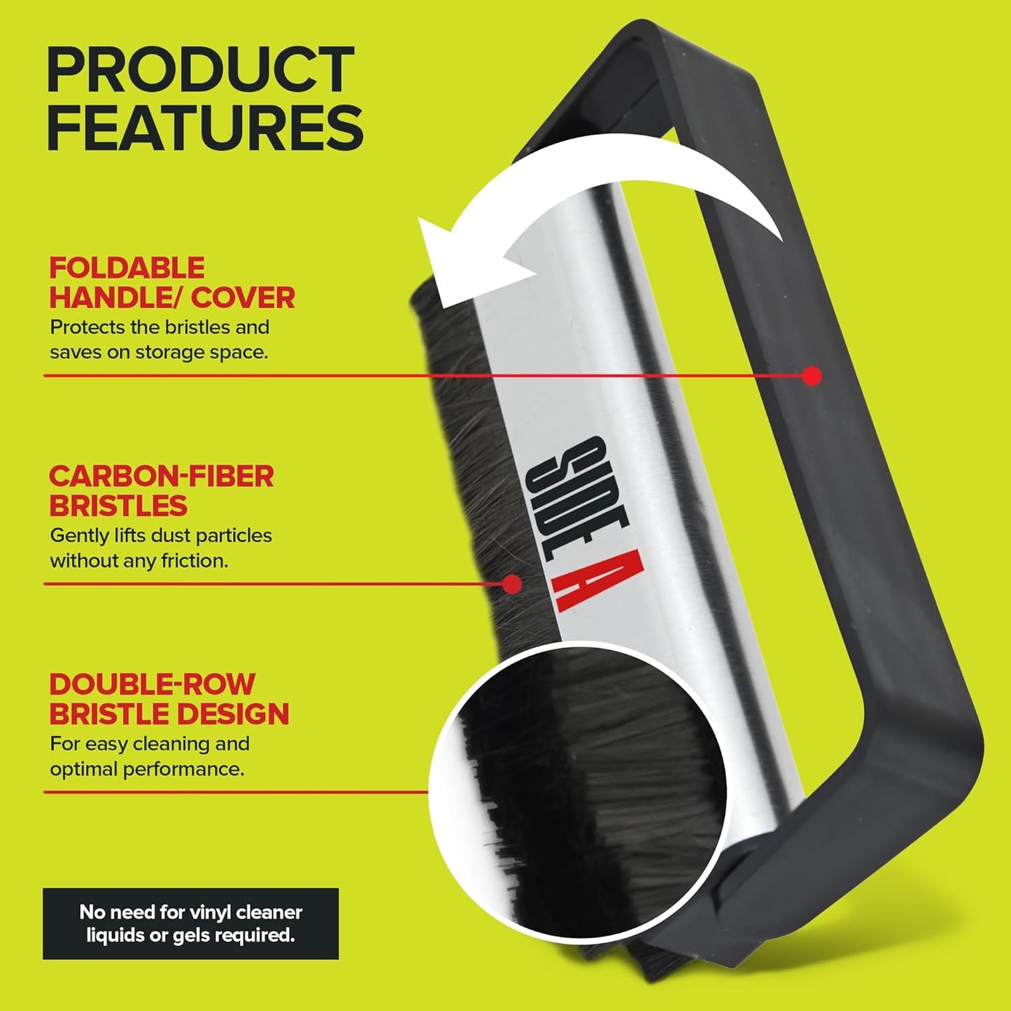 Side A Vinyl Record Brush with Soft Carbon Fibre Bristles, Anti-Static, Gentle Cleaning & Dusting- Essential Record Player Accessory