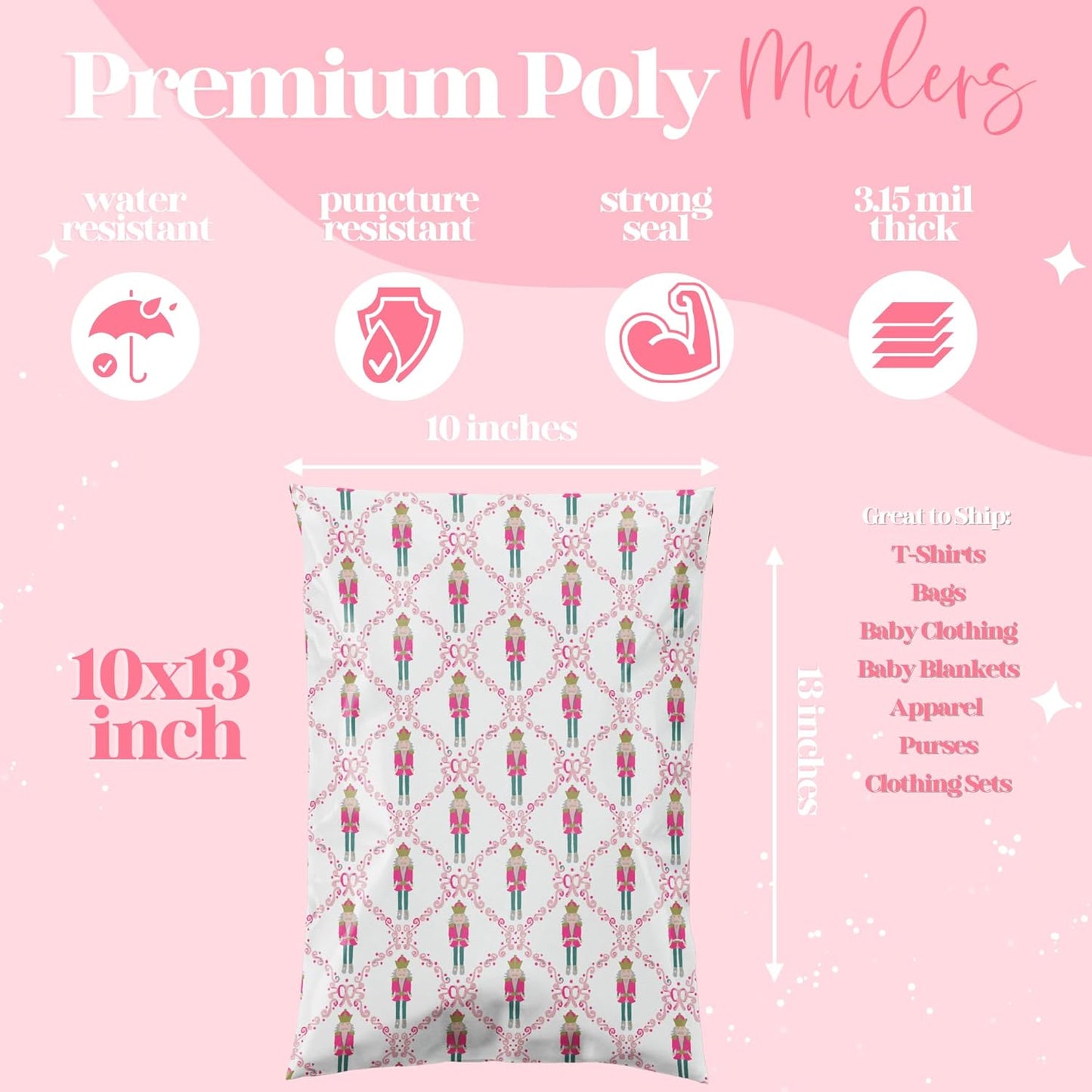 10x13 Designer Poly Mailer 100 Pack Heavy Duty Waterproof Self Seal Shipping Bags for Small Business Large Mailing Envelopes Bulk Tear Resistant Packaging Pink Nutcracker Christmas Holiday