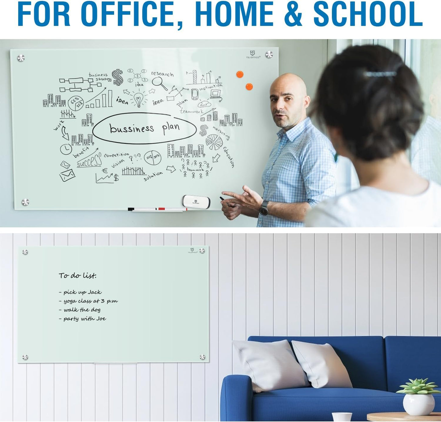 TSJ OFFICE Glass Dry-Erase Board - 36 x 24 Inches Wall Mounted Whiteboard with Magnetism, Large Frameless Glass White Board for Office, Home & School