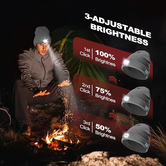 Gifts for Men, Rechargeable Bluetooth Music Unisex Beanie Hat with Light, Stocking Stuffers for Women, Birthday Gifts for Men, for Him, Grey