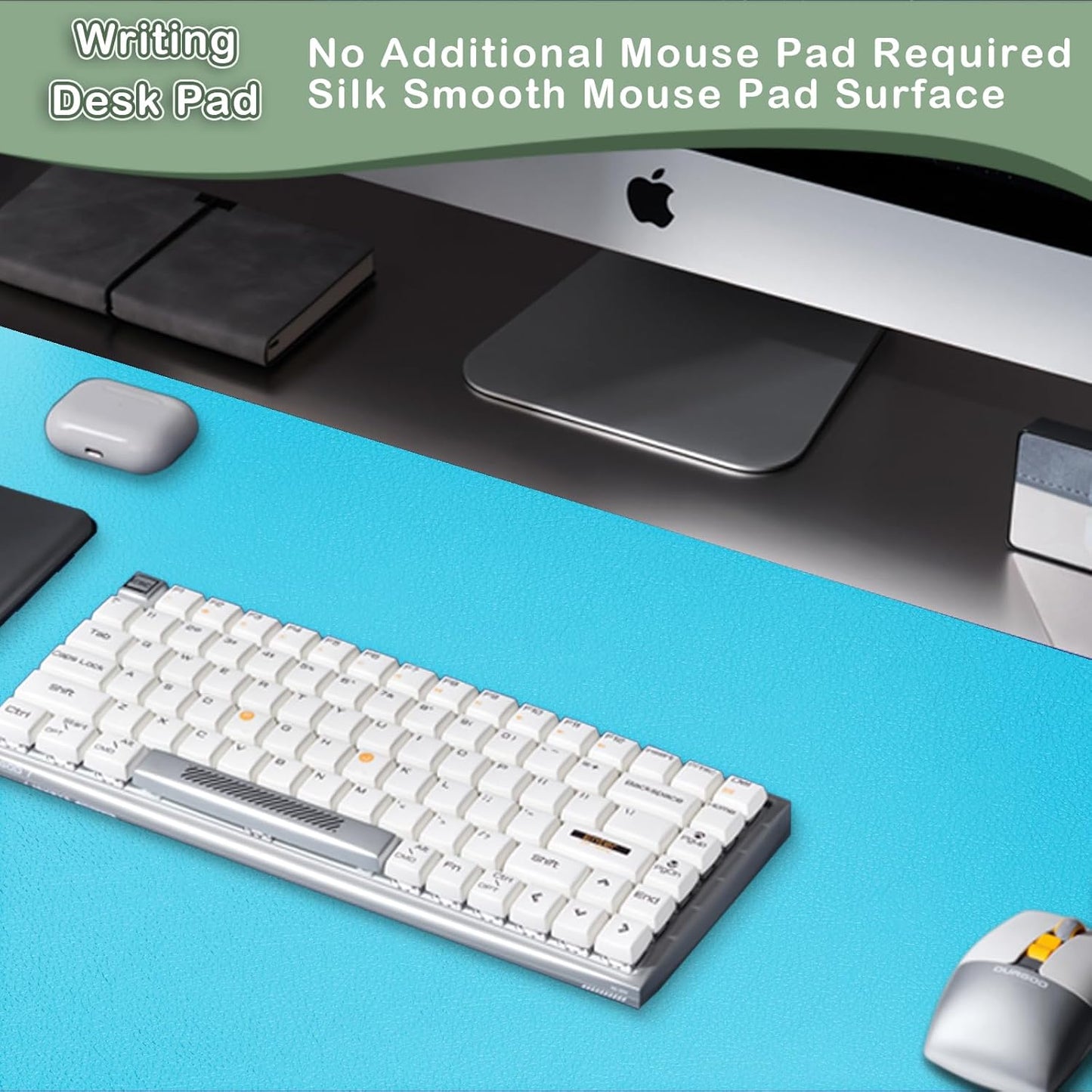 Boutilon Leather Desk Pad Protector,Non-Slip Mouse Pad,Laptop Desk Pad,Office Mouse Mat,Waterproof Leather Desk Blotter,Desk Writing Pad for Office and Home (L-Blue,35"x 17")