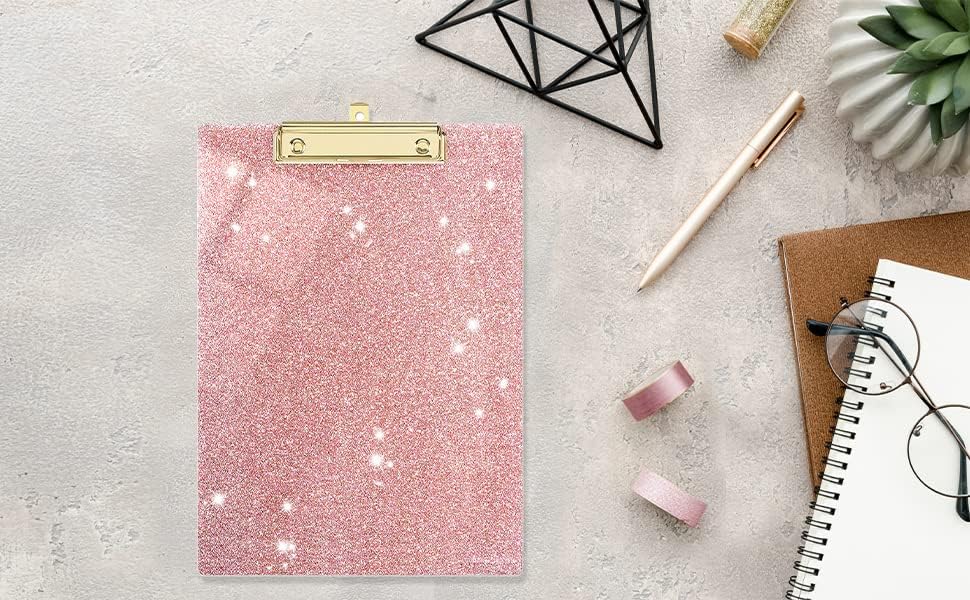 UNIQOOO Sparkle Rose Gold Glitter Clipboard with Shinny Gold Finish Clip, Perfect for Modern Arts Lover, Fashion Style Expert, Calligrapher, Office, Seminars, Workshops, Home School, Classroom