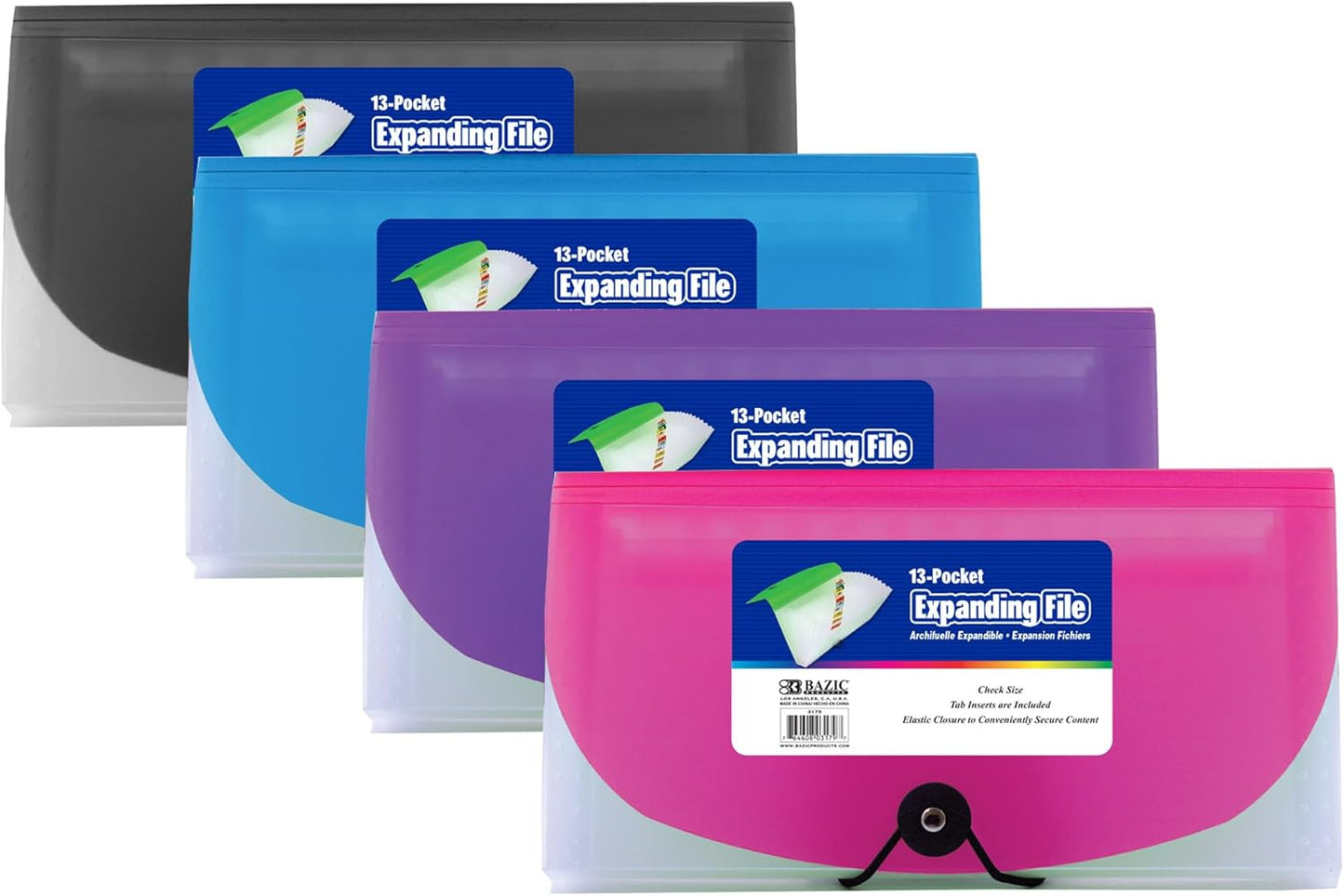 BAZIC Expanding File Folder 13 Pockets, Coupon Size Plastic File Folders w/Color Tabs Pocket, Home Office Supplies, Check Bills Receipts Organizer, 4-Pack