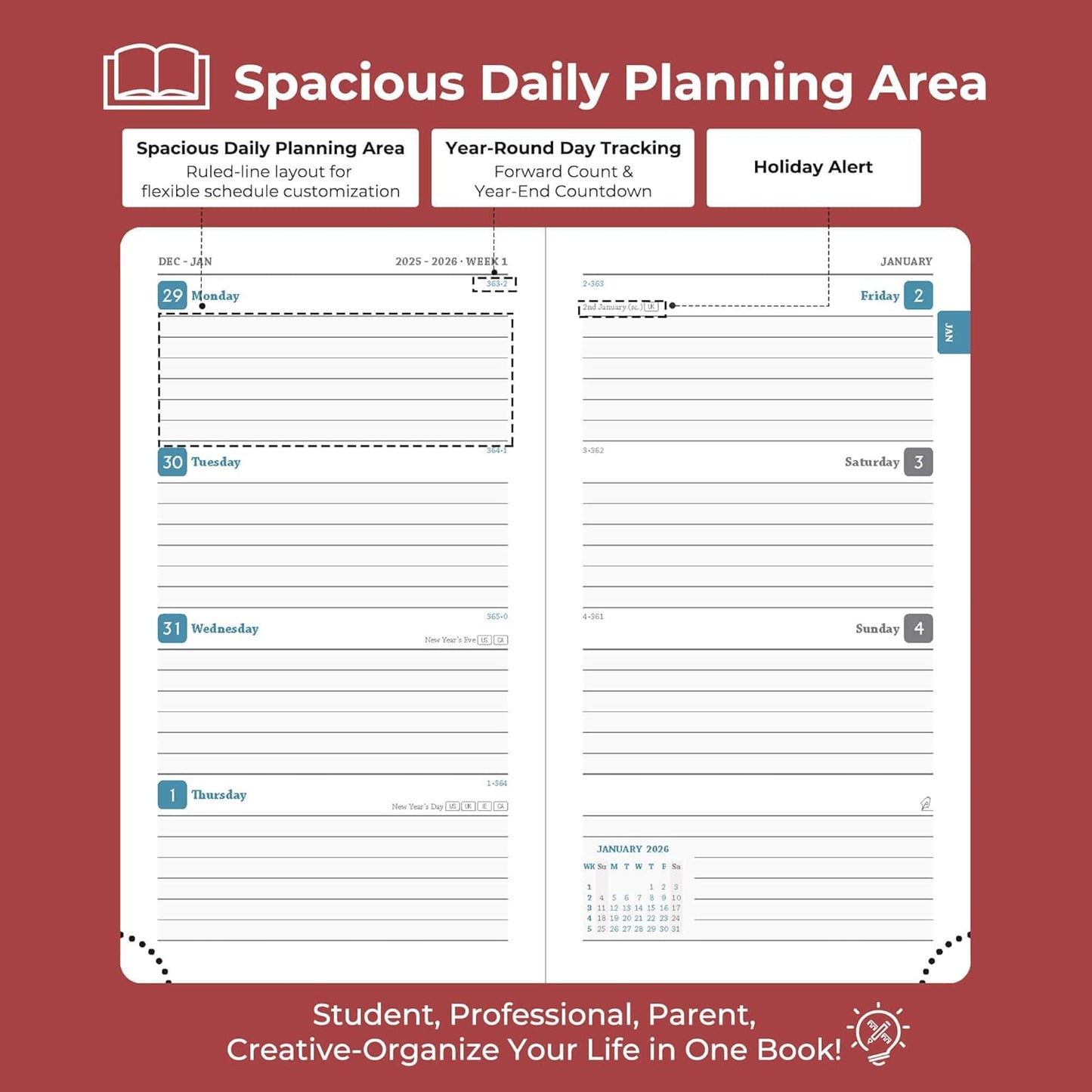 Weekly Monthly 2026 Planner (Jan.26-Dec.26),6.5"x3.75",12 Months Agenda Plan with Month Tabs & Pocket,Expenses/Note Pages, Appointment Book Calendar with Hardcover Vegan Leather Cover,Red