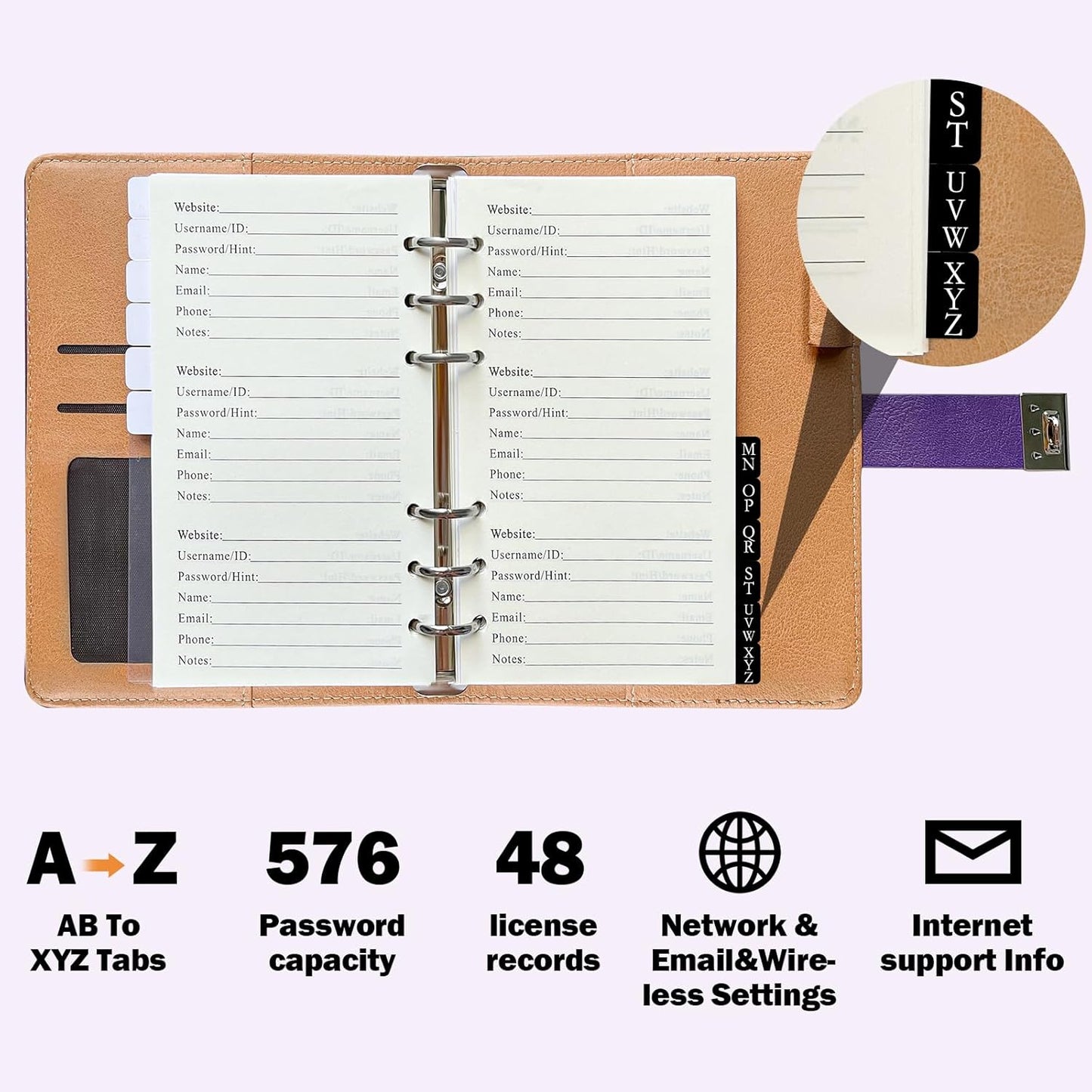 Refillable Password Book with Alphabetical Tabs & Lock, 7.5x5.5in, Hardcover Password Keeper Book of Internet Website, Password Notebook & Organizer for Home Office, w/Pockets, Purple