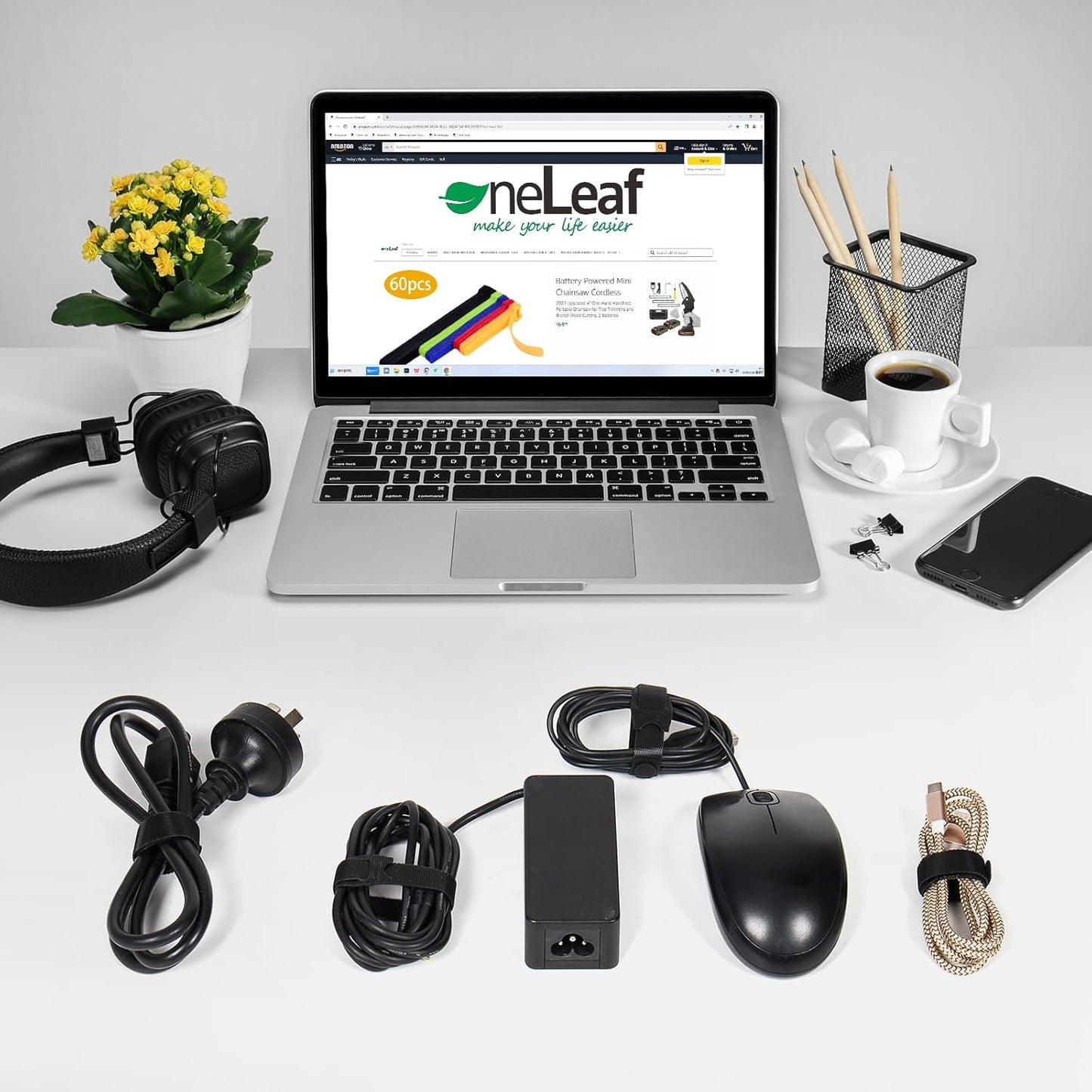 OneLeaf 110PCS Reusable Cable Ties, Adjustable 8-inch Cord Organizer Ties, Multi-purpose Hook Loop Cable Management Wire Ties for Organizing Home, Office, Data Centers, Black