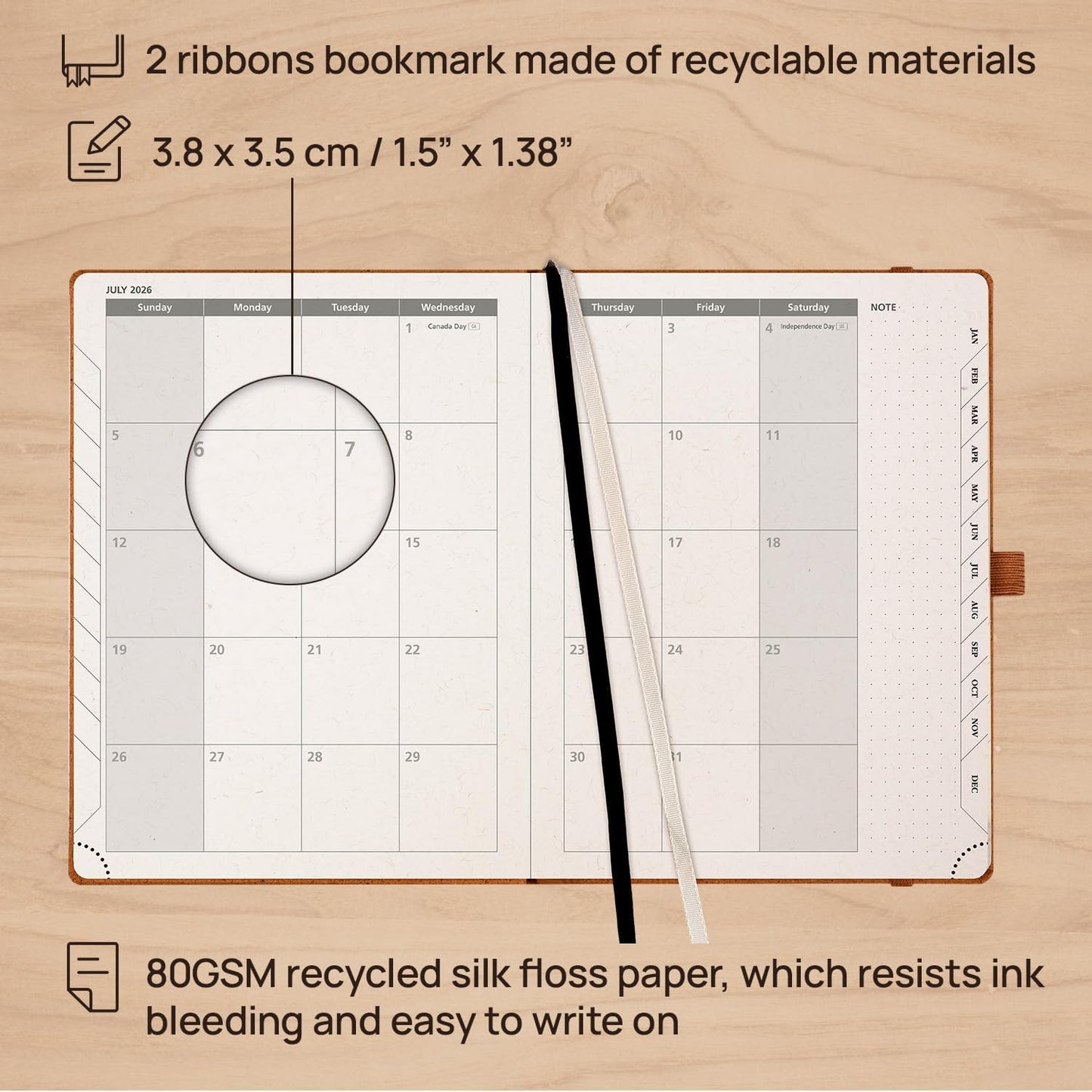 POPRUN 2026 Planner - 2026 Recycled Weekly Planner[6.5''x 8.5''- Italian Regenrated Leather Hard Cover] with Hourly Schedule & Vertical Weekly Layout, Monthly Tabs, Inner Pocket - Desert Brown