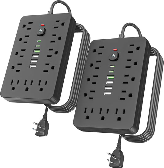 2PCS 6 FT Flat Plug Surge Protector Power Strip,11 Multiple AC Outlets with 6 USB Ports (2 USB C), 6 Feet Extension Cord, 1250W/10A, One Touch Switch Button, 17 in 1 Compact powerstrip