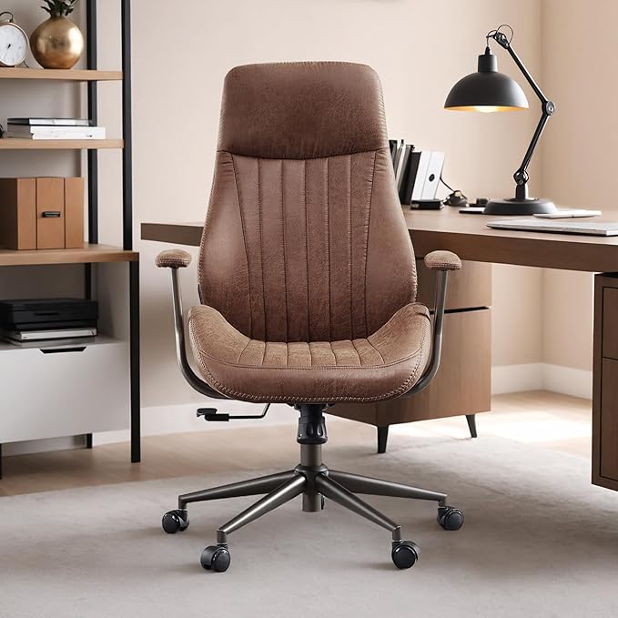 Mid Century Modren Office Chair - High Back Swivel Executive Chair with Lumbar Support,Ergonomic Computer Desk Chair with Wheels,Faux Lether Suede Task Chair,350lbs(Dark Brown, High Back)