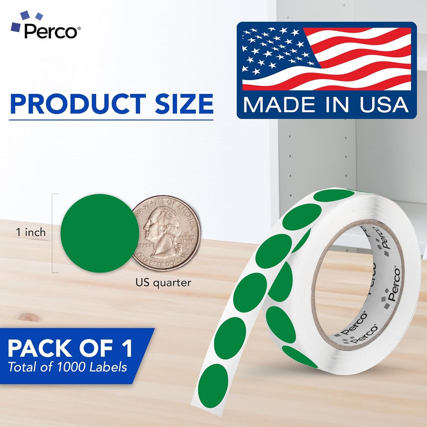 Perco Green 1-Inch Round Circle Dot Sticker Labels with Easy Peel Perforation - 1,000 Labels per Roll - Strong Adhesion, Vibrant Colors for Organizing, Crafting & More - Made in USA