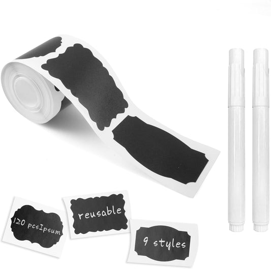 Chalkboard Labels, 120 Pcs Black Reusable Waterproof Labels Stickers with 2 White Chalk Markers, Kitchen Pantry Sticker Labels for Containers, Mason Jars, Condiments, Food Storage (Hybrid)