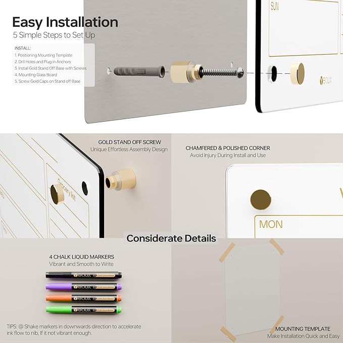 Glass Golden Weekly Dry Erase Calendar & Menu Whiteboard for Wall, Meal Planning & Grocery Shopping List White Board for Kitchen, 15x11, 7 Days Planner for Home, 4 Wet Erase Markers Included, Yeoux*