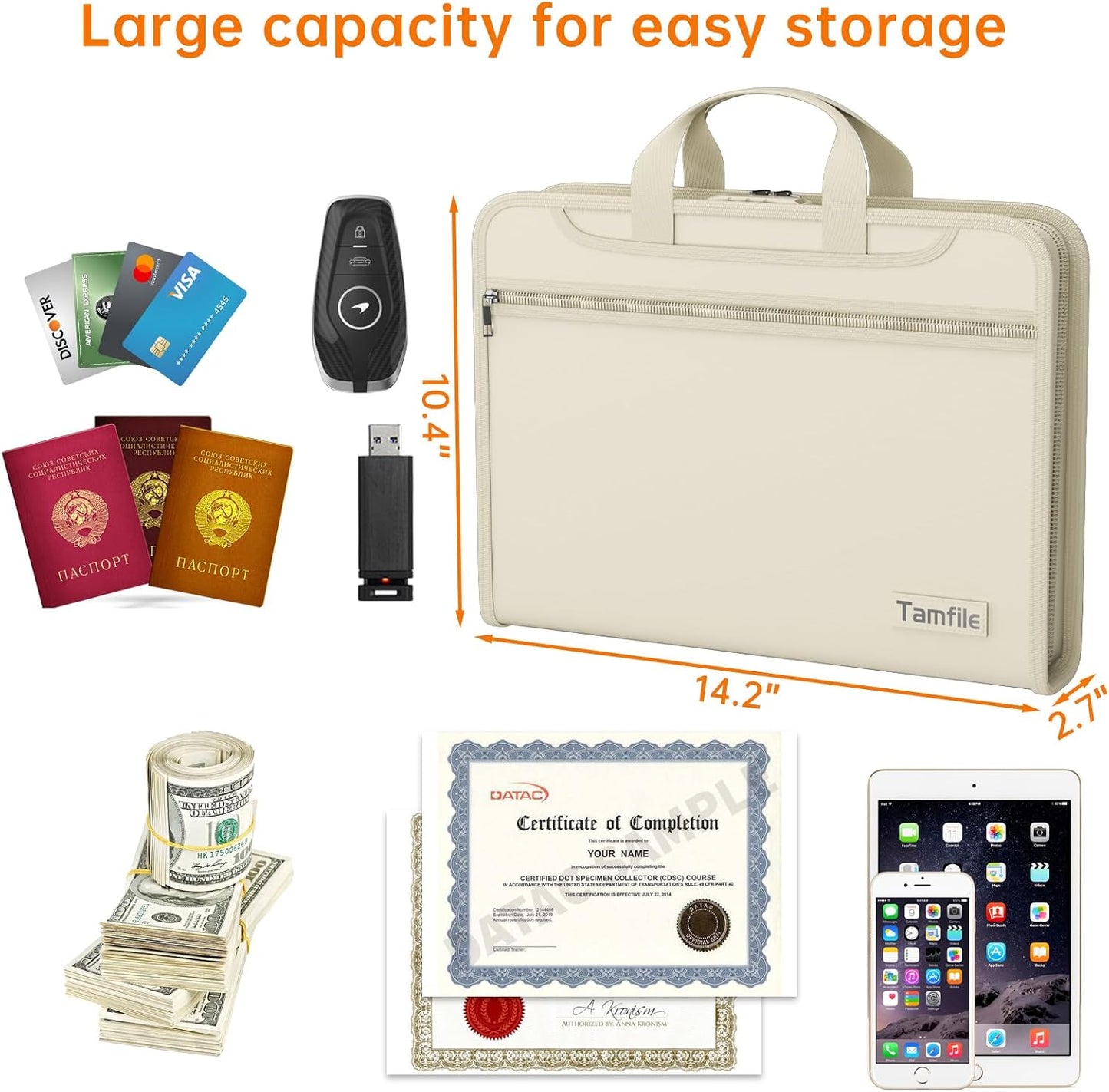 5200℉ Fireproof Accordion File Organizer with Lock, Thickened Document Organizer 13 Pocket with Zipper & Labels, Important Document Organizer, Expanding File Folder with Handle for Letter A4 (Beige)