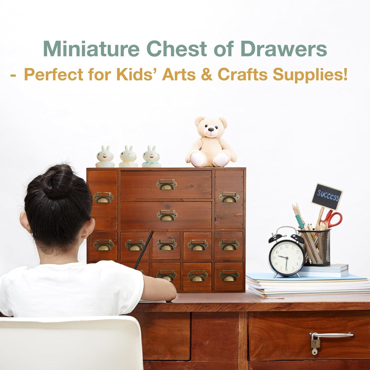 14-Drawer Apothecary Cabinet - Index Card Organizer - Miniature Chest of Drawers - Brass Handle Organizer - Kids' Arts and Crafts Storage - Wooden Desktop Drawer Organizer