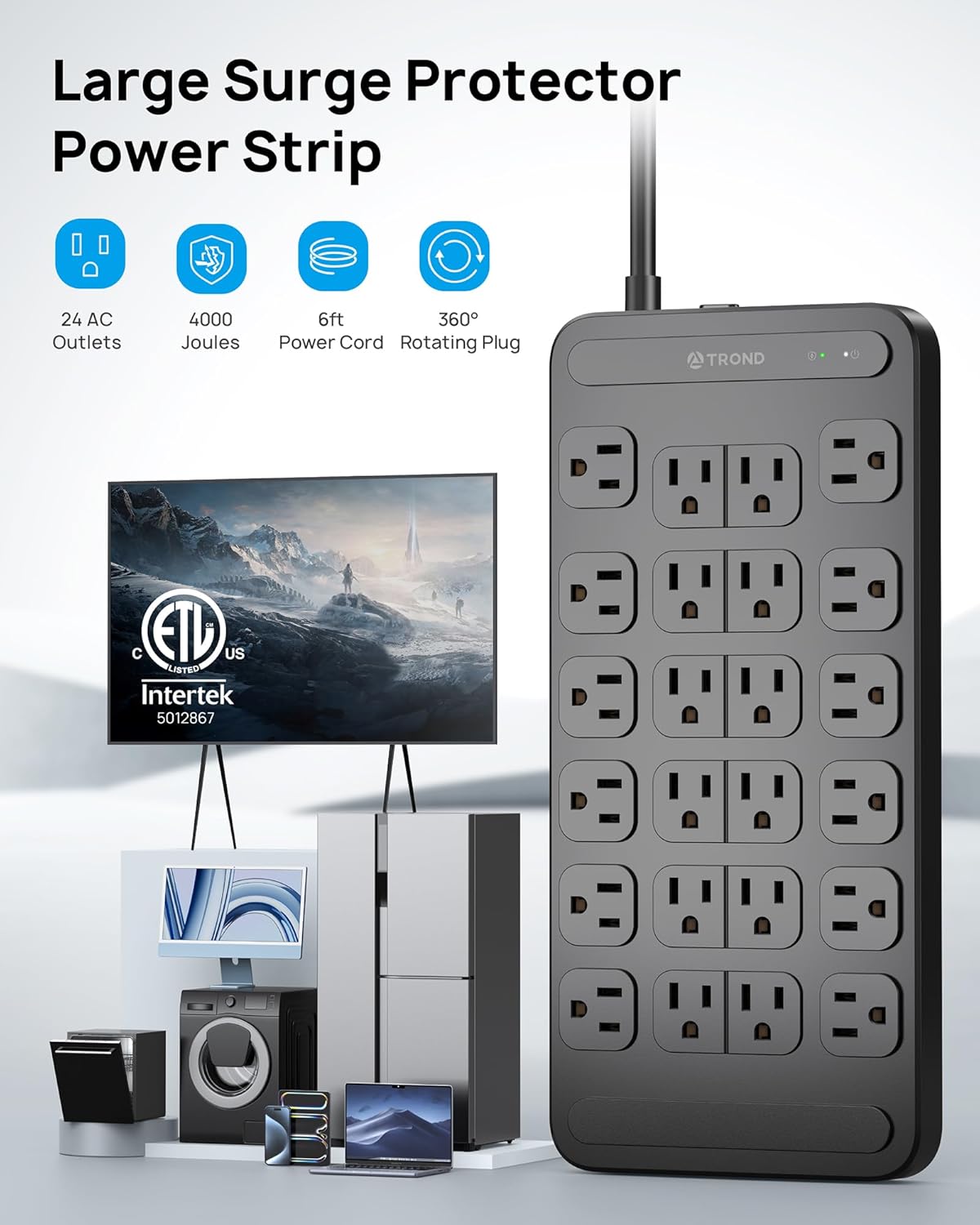 TROND Surge Protector Power Strip 360° Rotating Flat Plug, 24 AC Outlets, 4000 Joules, 6ft Heavy Duty Extension Cord 1875W, ETL Listed, Ideal for Gaming Office Home Dorm Room Essentials Black